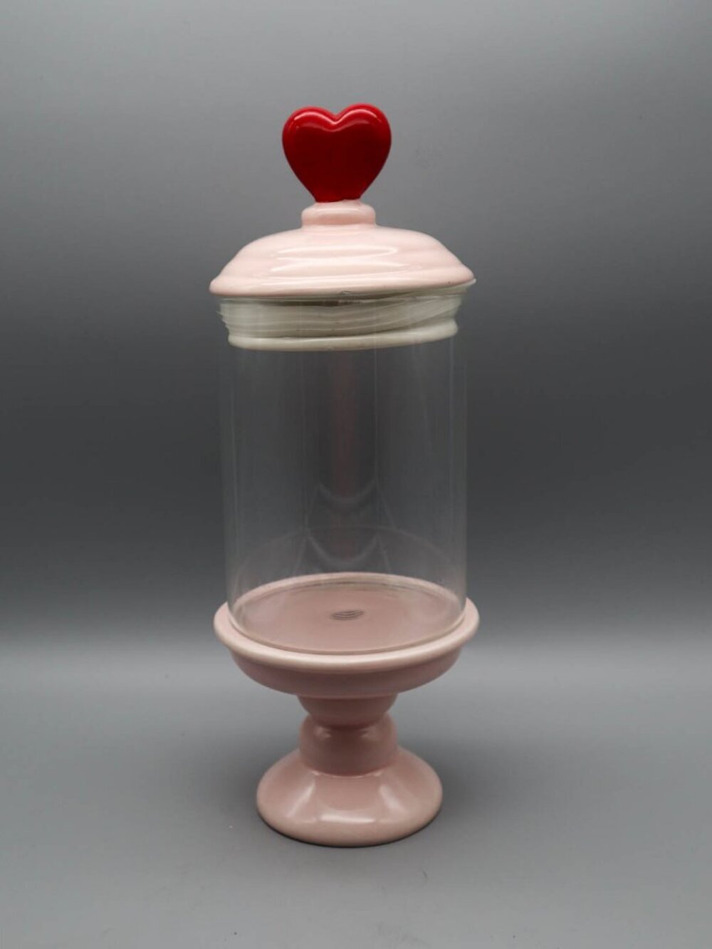 Sheffield Home Pastel Pink Pedestal Apothecary Candy Jar w/ Red Heart Finial Lid